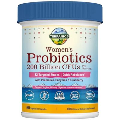 Terranics Daily Probiotics for Women, 200 Billion 32 Strains Womens Probiotics, with Cranberry, Prebiotics Enzymes, Rebalance Vaginal Flora pH, Delayed Release, Shelf Stable, 60 Vegan Caps
