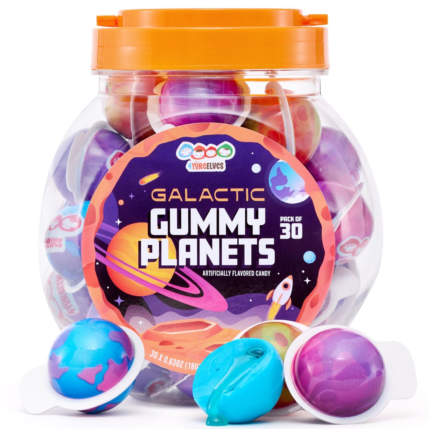 30 Planet Gummies, Novelty Space Candy with Jelly Filling, Individually Wrapped Blueberry Flavored Gummy Balls, By 4YoreElves (19 oz)
