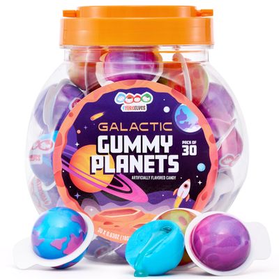 30 Planet Gummies, Novelty Space Candy with Jelly Filling, Individually Wrapped Blueberry Flavored Gummy Balls, By 4YoreElves (19 oz)