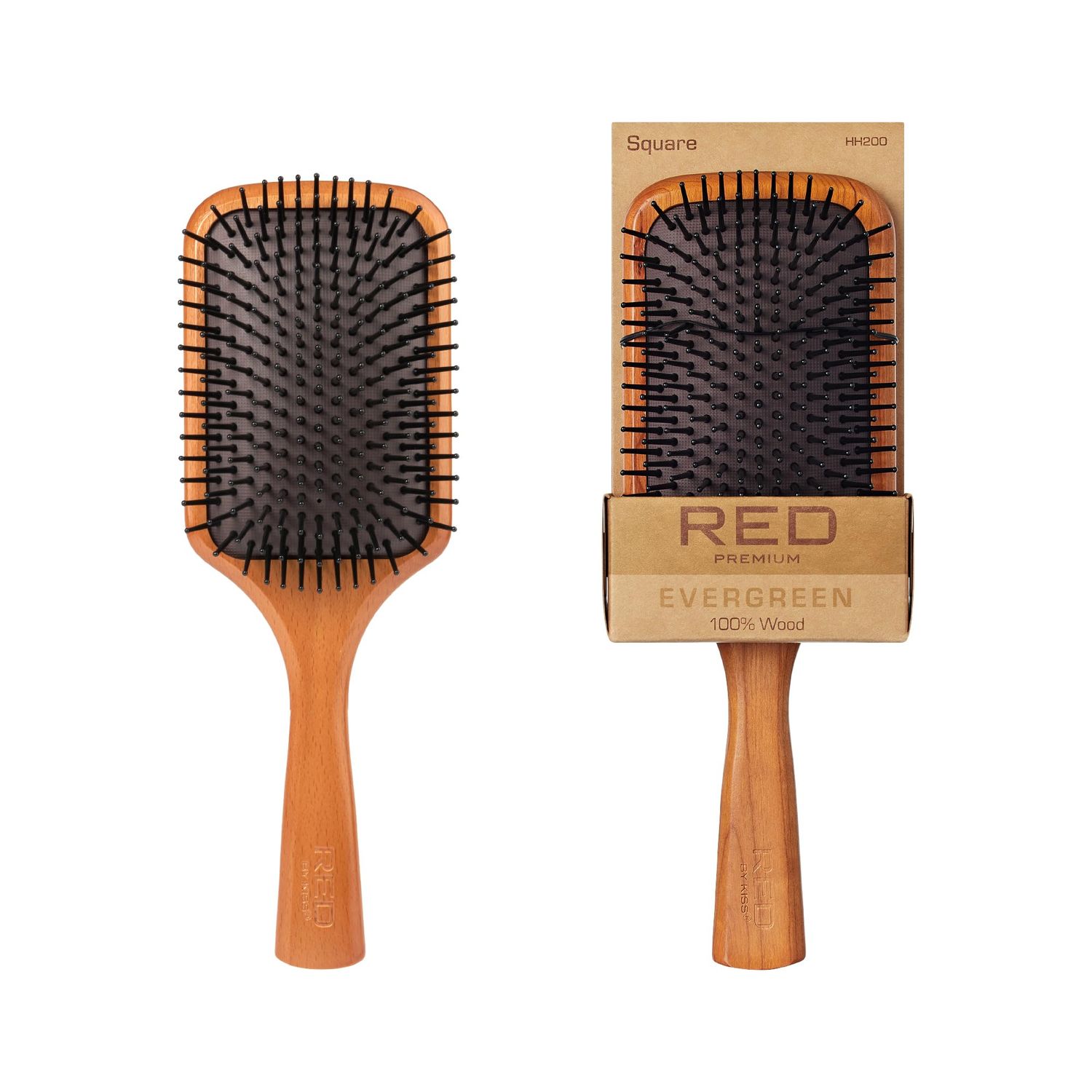 Red by Kiss Evergreen Wooden Square Paddle Hair Brush, 100 Beechwood, Long Bristles, Detangling, For All Hair Types, Sustainable, Painless Detangling, Air Ventilation Hole, Wet Dry Hair, Unisex