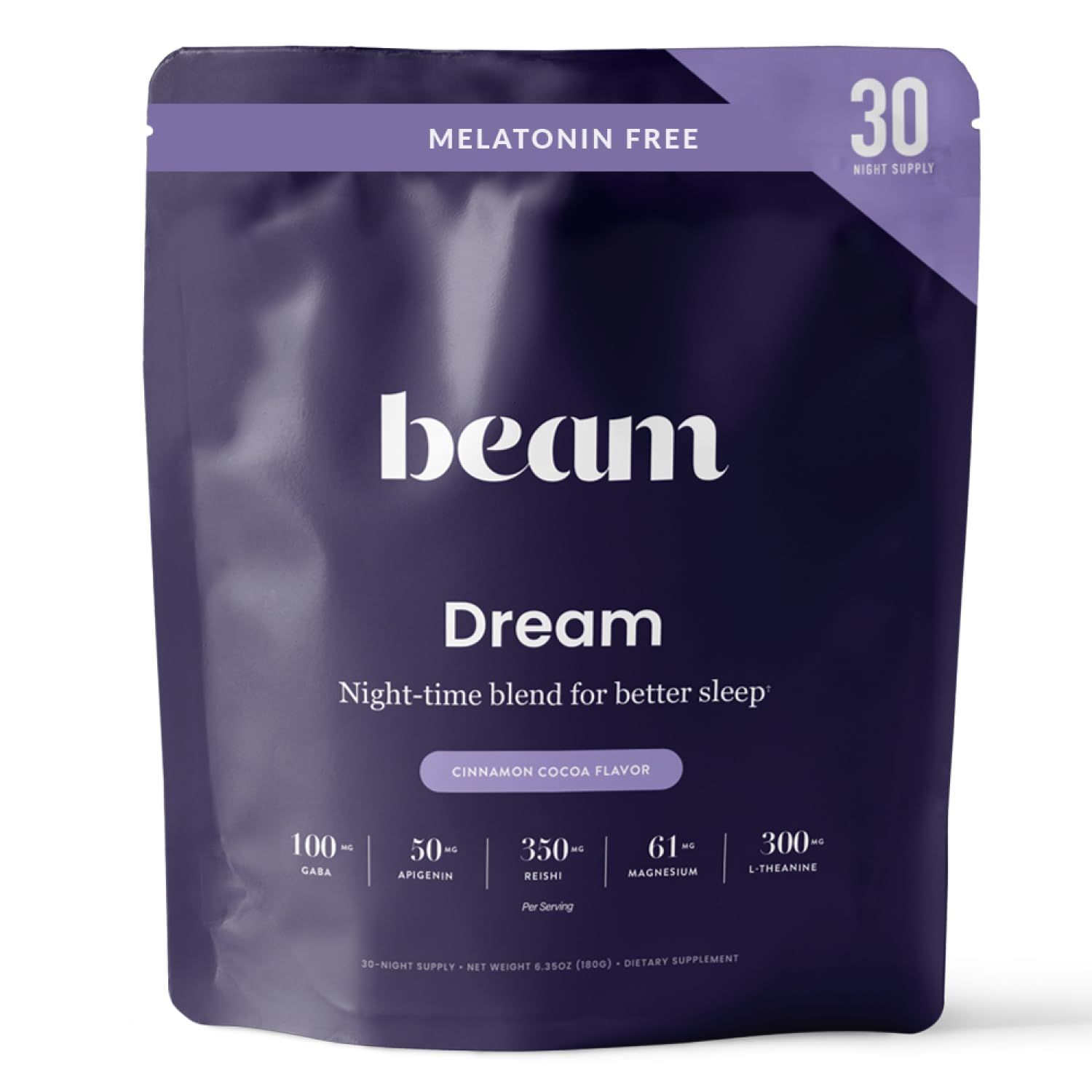 Beam Dream Sleep Powder, Sleep Supplement, Sleep Aids for Adults, Melatonin Free, Contains Magnesium, L Theanine, Apigenin, Natural Sleep Aid, Vegan, Non GMO, Dairy Free, 3rd Party Tested, 30 Servings
