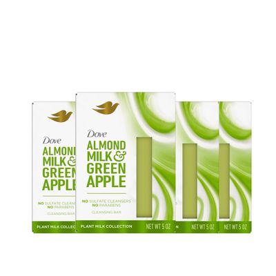 Dove Plant Milk Cleansing Bar Soap Almond Milk Green Apple 4 count for Moisturized Skin Gentle Cleanser, No Sulfate Cleansers or Parabens, 98 Biodegradable Formula