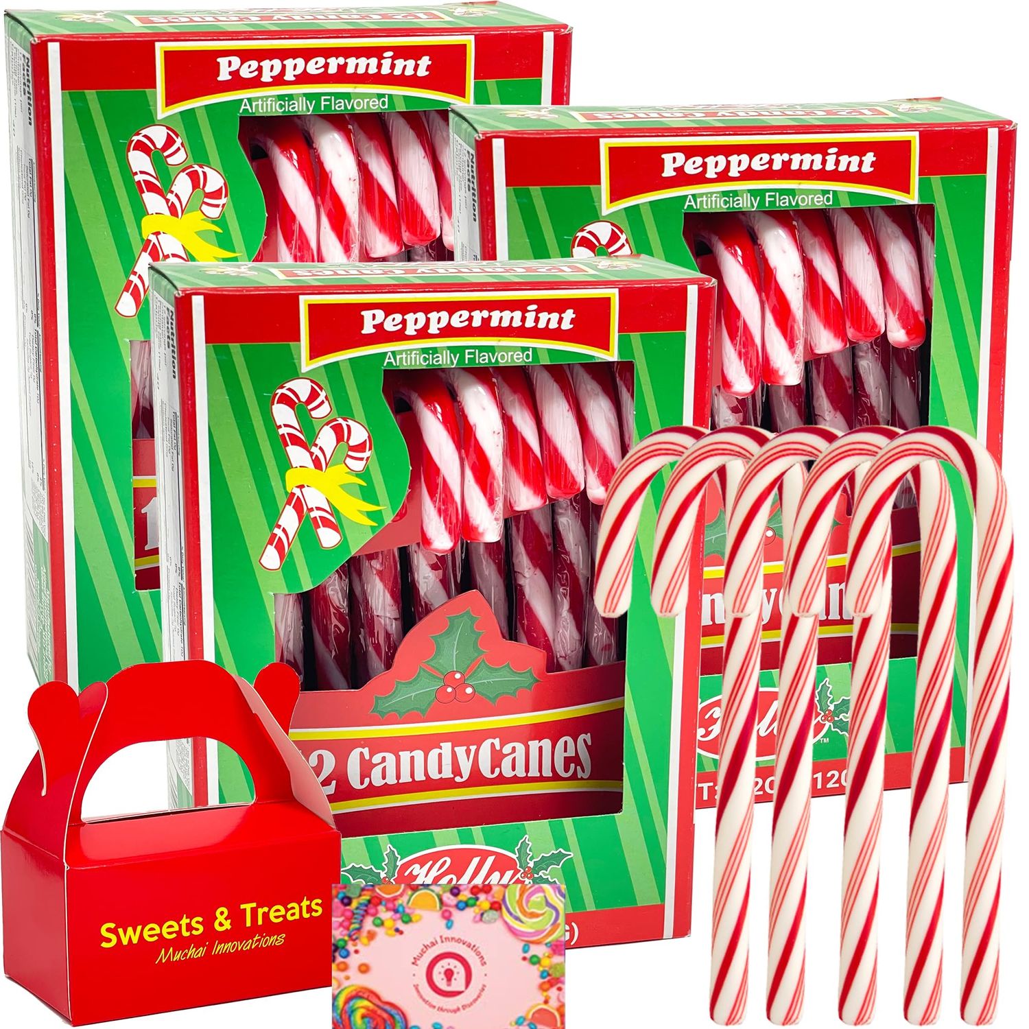 Candy Cane Peppermint Flavored Red White Stripes Individually Wrapped Creative Idea Booklet Muchai Treat Box Included (3 Boxes (12ct) 36 Total Candy Canes)
