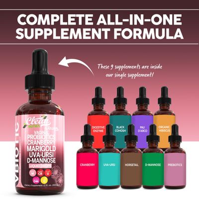 Clean Nutraceuticals VBiotic Vaginal Probiotic for Women Liquid Drops Cranberry Uva Ursi Horsetail D-Mannose Prebiotics Marigold Black Cohosh Vaginal Health Supplement pH Balance