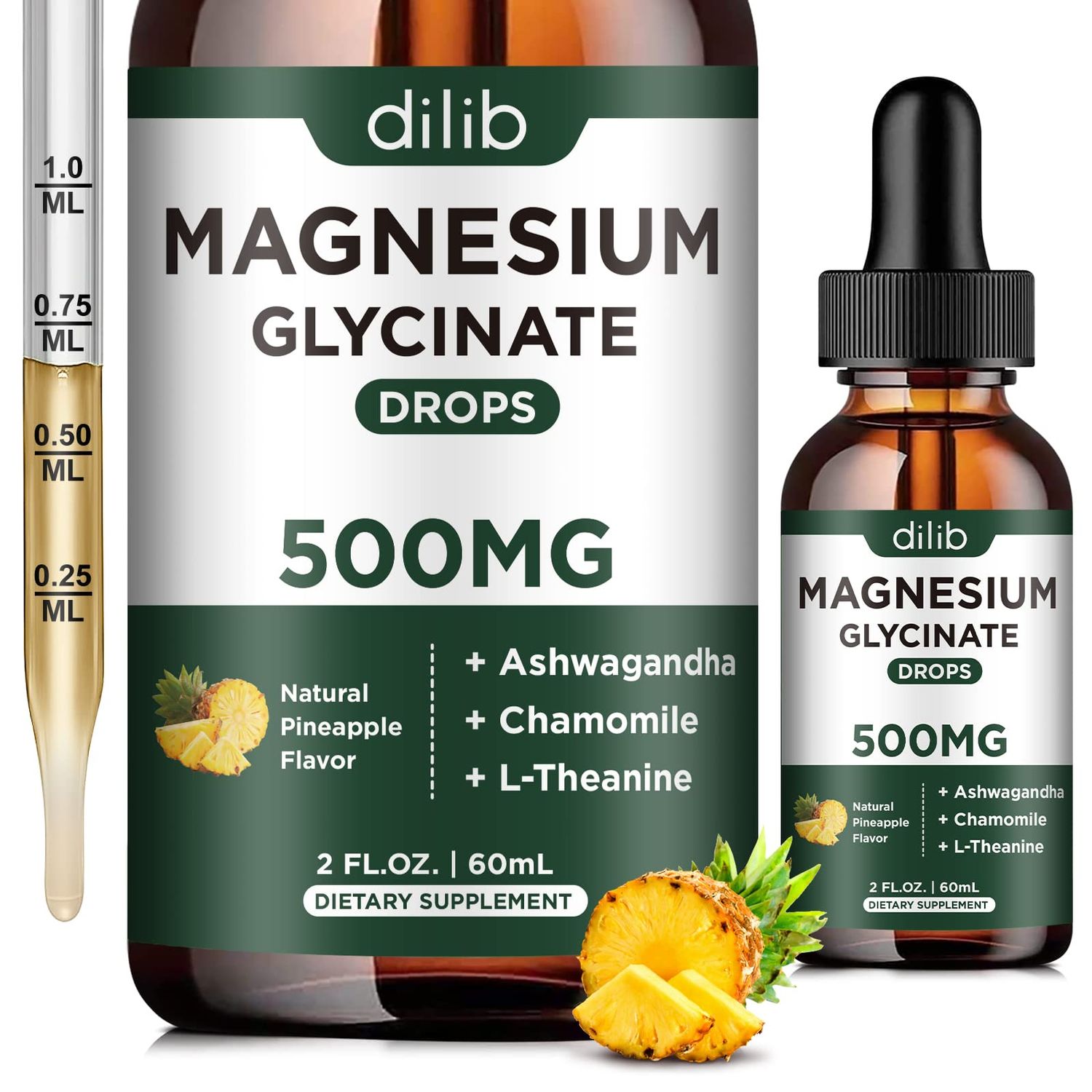 dilib Magnesium Glycinate 500mg - Liquid Magnesium Drops, Ashwagandha, L - Theanine, Chamomile - Calm Stress Relief, Relaxation, Restful Sleep, Muscle Heart Health, Vegan - 2 Fl Oz (30 Days)