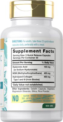 Carlyle Hyaluronic Acid Complex 900 mg with Collagen and MSM 90 Capsules Non-GMO, Gluten Free Supplement