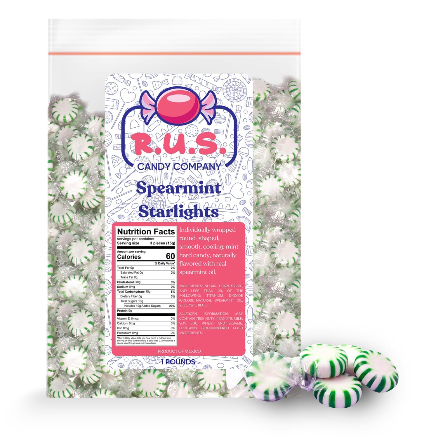 R.U.S. Candy Company Spearmint Starlite Candy - 1 Pound Bag - Refreshing Hard Mint Candy Perfect for Parties and Holiday Celebrations (1 Pound, Spearmint Starlite)
