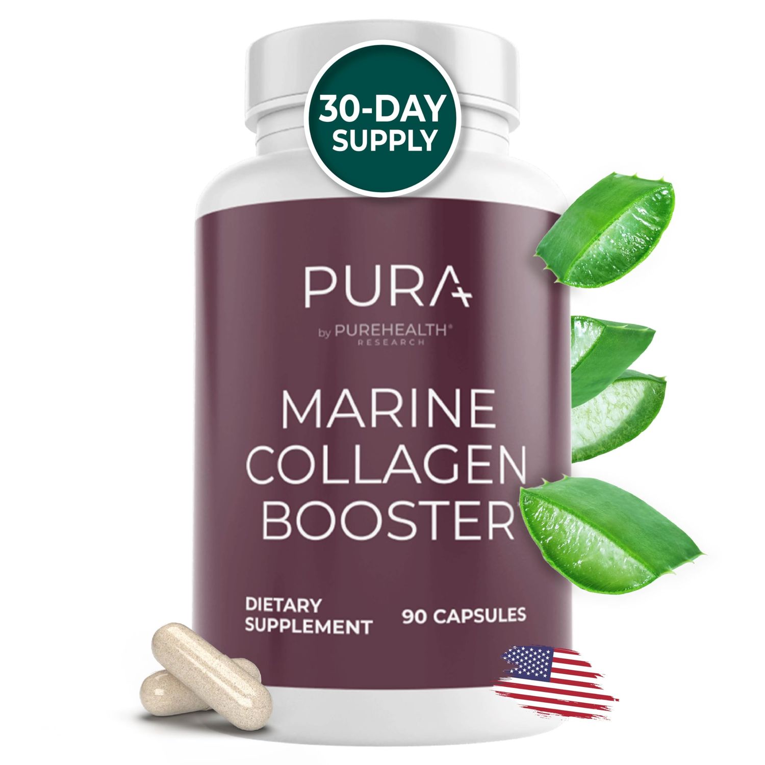 Marine Collagen and Hyaluronic Acid Supplements, Aloe Vera Leaf Gel and Vitamin E Collagen Peptides Pills-Collagen Supplements With Hyaluronic Acid for Hair Skin Nails-90 Collagen Caps