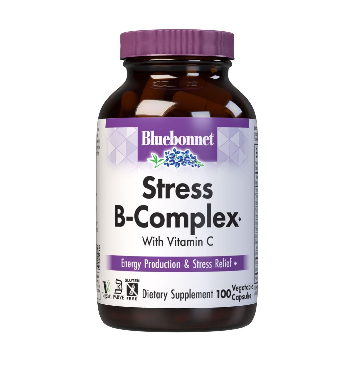 Bluebonnet Nutrition Stress Relief B Complex Vegetable Capsules, Vitamin B6, B12, Biotin, Folate, Vegan, Gluten Soy Milk Free, Kosher, Unflavored, 100 Count