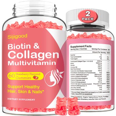 2 Pack Collagen Gummies for Women Men, Hydrolyzed Collagen Peptides Types I,II,III,V,X with Biotin Hyaluronic Acid, Vitamins C A D E B12 K2 Support, Sugar-Free for Skin Hair Nails Immunity Energy