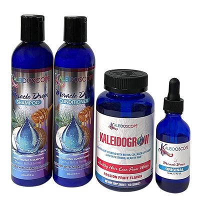 Kaleidoscope - Miracle Drops Shampoo, Conditioner, Original Miracle Drops Kaleidogrow Vitamins- Hair Care Styling Bundle 4 Pcs Set