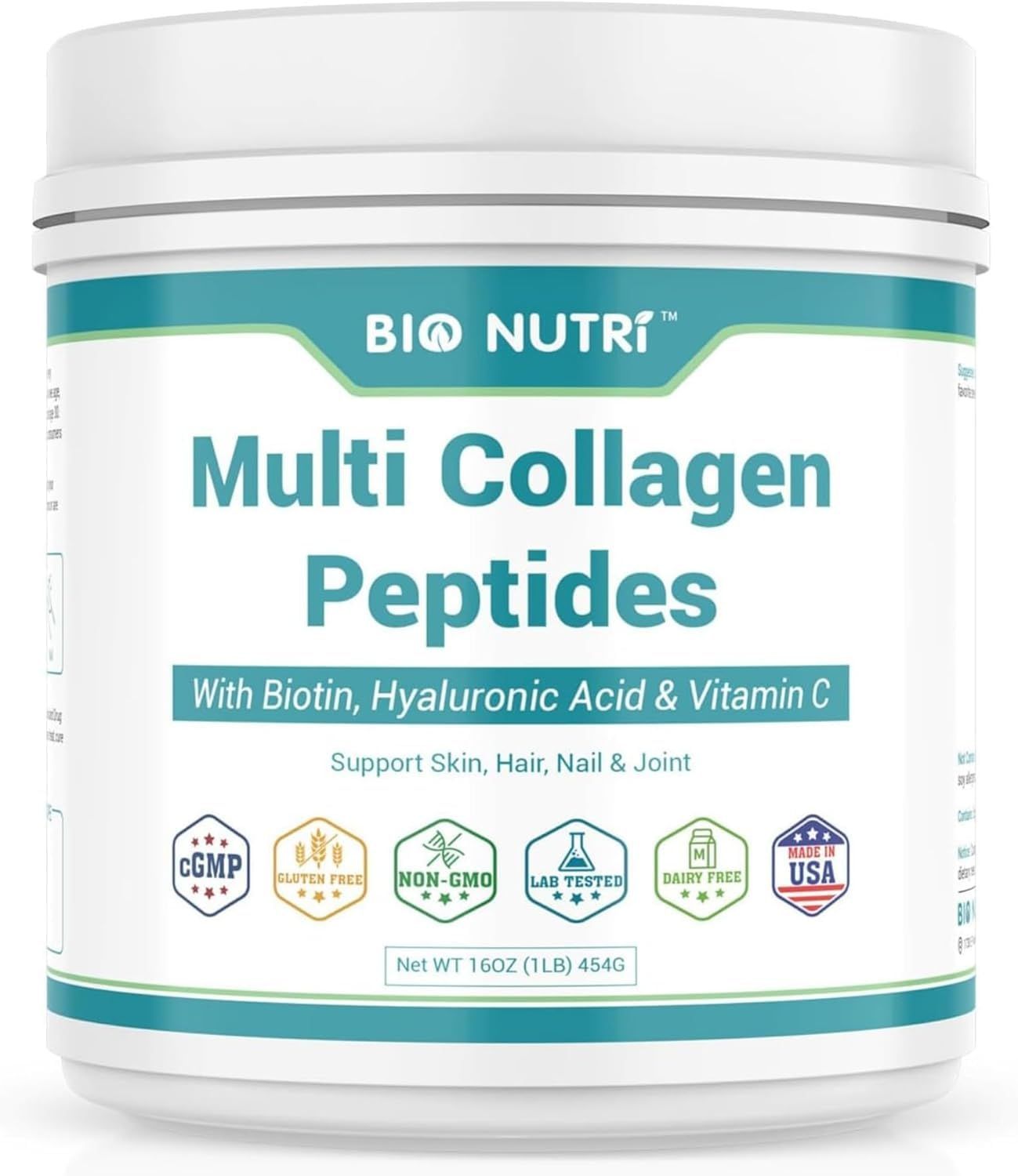 BIO NUTRI Collagen Peptides - Multi Collagen Peptides with 5 Types - Hydrolyzed Collagen Peptides Powder with Biotin HA - Support for Hair, Skin, Nails Joints