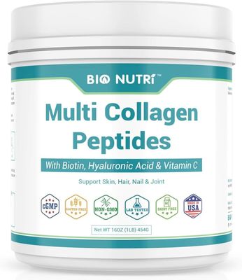 BIO NUTRI Collagen Peptides - Multi Collagen Peptides with 5 Types - Hydrolyzed Collagen Peptides Powder with Biotin HA - Support for Hair, Skin, Nails Joints
