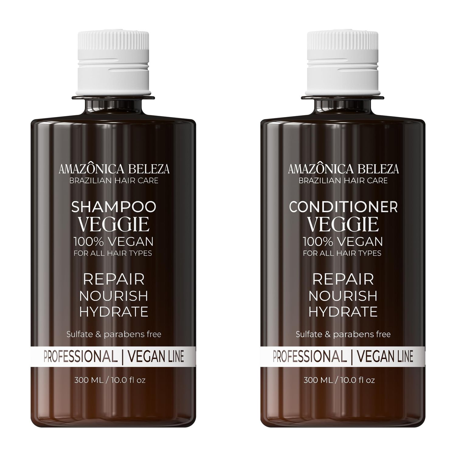 AMAZONICA BELEZA Vegan Veggie Refiner Shampo and Conditioner, Nourishes, Moisturizes and Repairs, Sulfate, Parabens and Cruelty Free, with Natural Ingredients for all Hair Types, 10 Oz