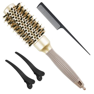 Round Brush for Blow Drying, Round Hair Brush with Boar Bristles, Nano Thermal Ceramic Ionic Tech, Hair Large Round Barrel Brush for Styling, Curling, Add Volume Shine 2.4 inch 2 Clips 1 Comb
