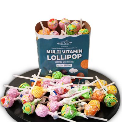 Andy Anand Low-Calorie Lollipops with Multi Vitamins fruit flavored, Kids Love Them! 8.8 oz, Kids Multivitamin Pops, Sweetened with real fruit Juice (29 Pieces)