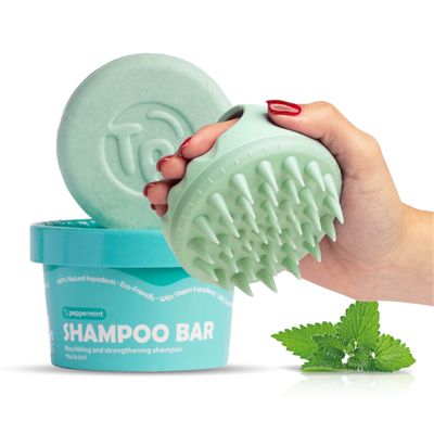 Tree Bottle Hair Care Bundle - Peppermint Essential Oils Shampoo Bar Sustainable Scalp Massager - Gentle Cleanse, Frizz Control, Exfoliation, and Circulation Boost for All Hair Types