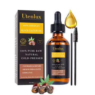 Utenlux 100 Pure Jamaican Black Castor Oil for Hair Growth, Organic Cold Pressed in Glass Bottle, Unrefined Hair Oil, Hexane Free, for Eyelashes, Eyebrows Face, 2 oz