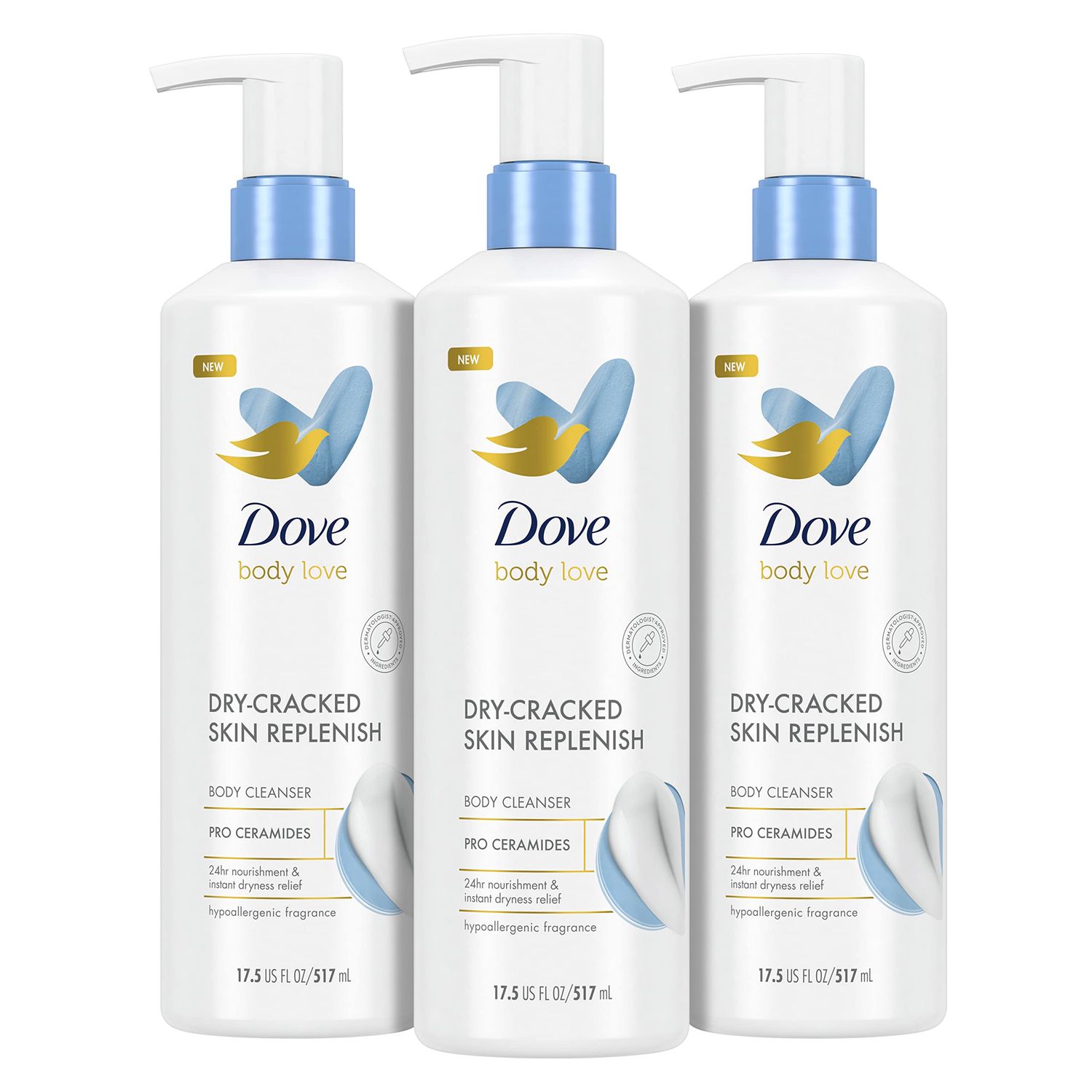 Dove Body Love Body Cleanser Body Wash 3 Count Dry-Cracked Skin Replenish Hypoallergenic for 24 Hour Nourishment Instant Dryness Relief with Pro Ceramides Body Cleanser 17.5 FO