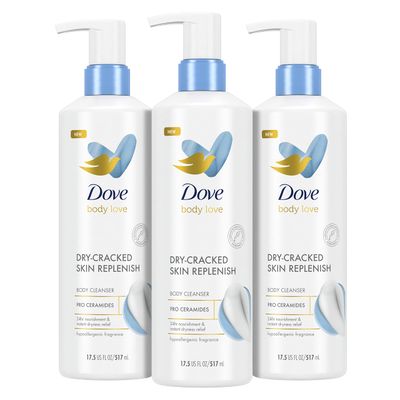 Dove Body Love Body Cleanser Body Wash 3 Count Dry-Cracked Skin Replenish Hypoallergenic for 24 Hour Nourishment Instant Dryness Relief with Pro Ceramides Body Cleanser 17.5 FO