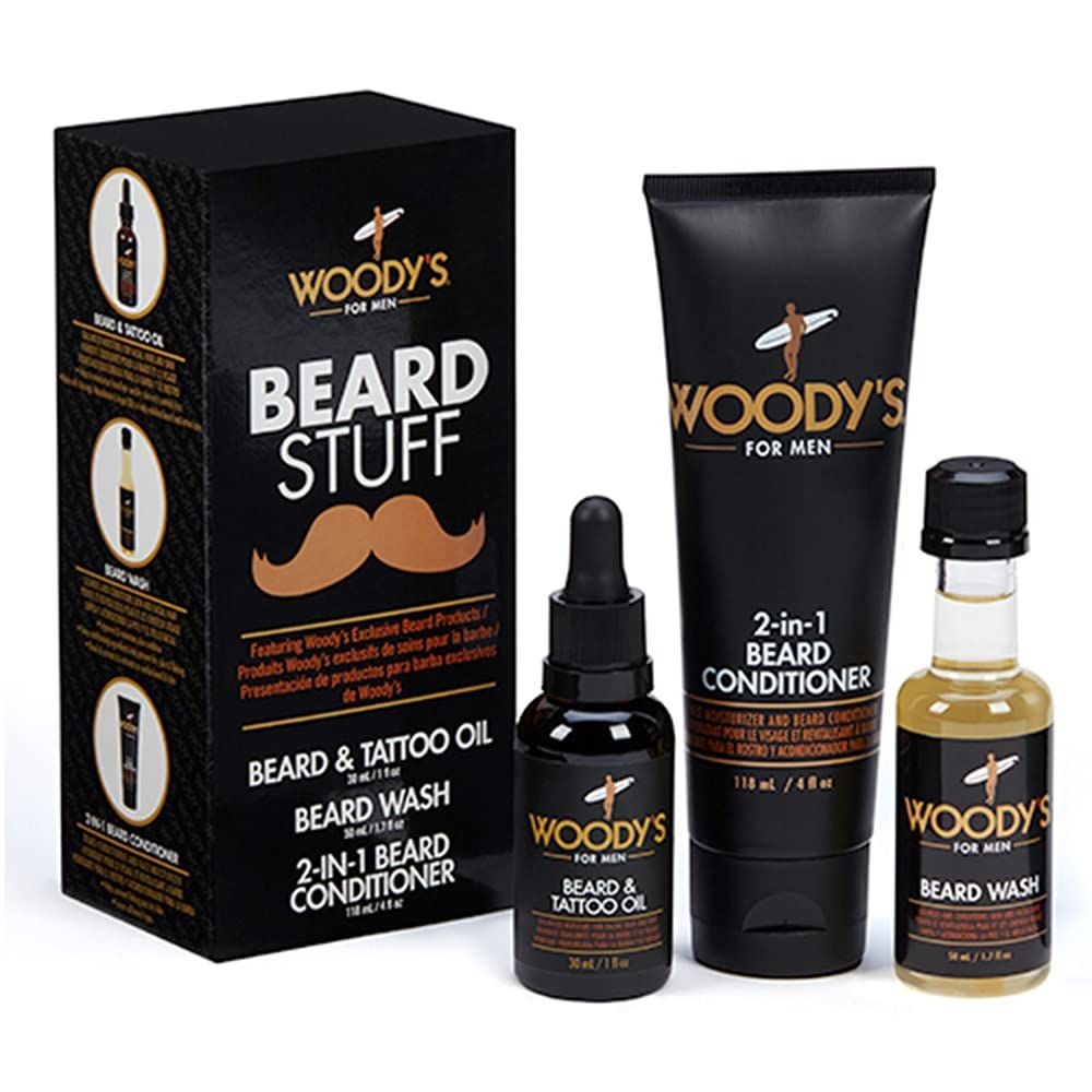 Woody&#39;s Beard Stuff 3 Piece Kit, Beard Tattoo Oil, Wash, 2 in 1 Facial Hair Conditioner, Cleanse, Moisturize, and Style