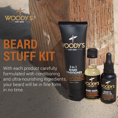 Woody's Beard Stuff 3 Piece Kit, Beard Tattoo Oil, Wash, 2 in 1 Facial Hair Conditioner, Cleanse, Moisturize, and Style