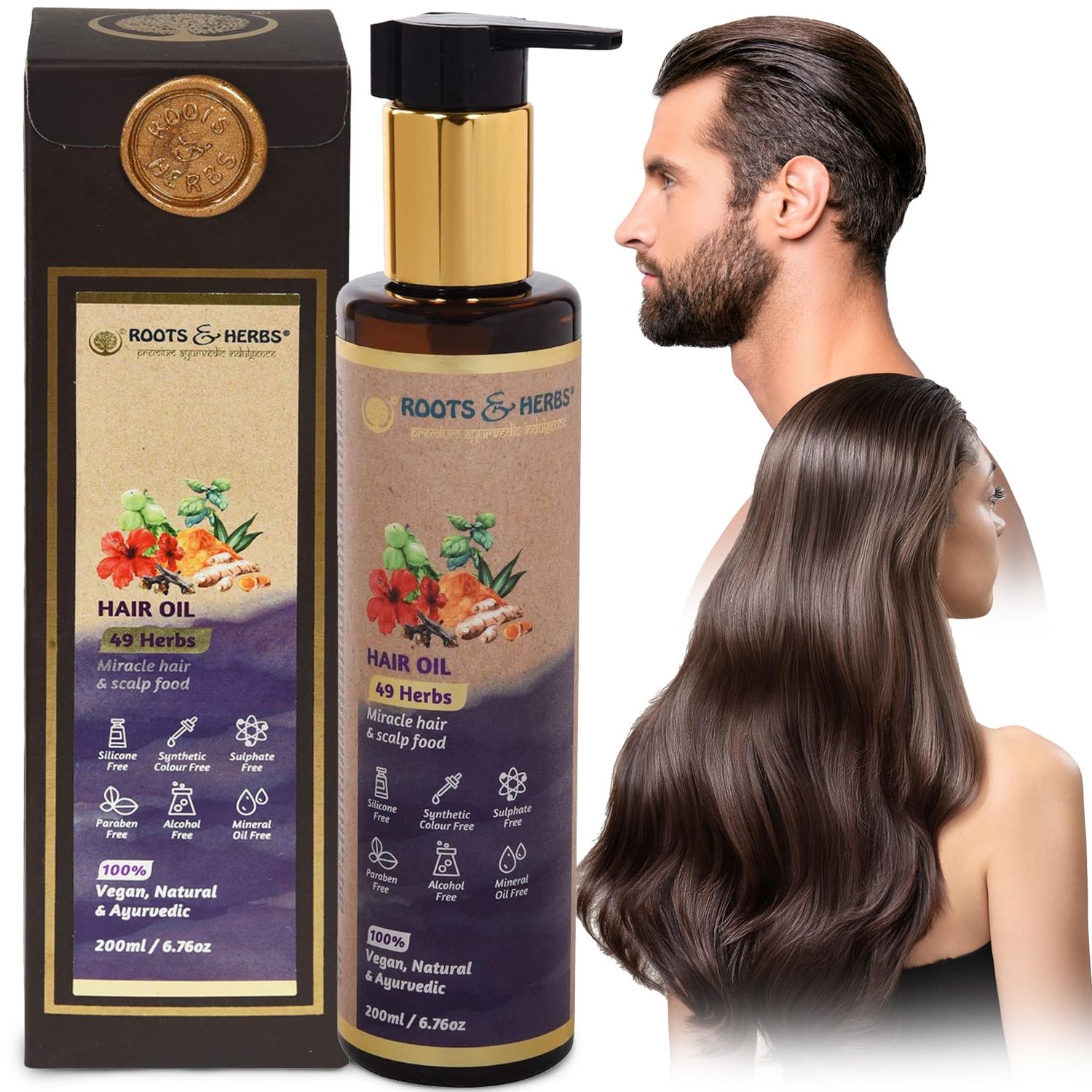 ROOTS AND HERBS Ayurvedic Oil - 49 Herbs with Bhringraj, Hibiscus Flower, Brahmi, Jatamansi, Triphala for Stronger, Straight, Wavy Curly Hair - Hair Food Oil Scalp Serum - 6.76oz