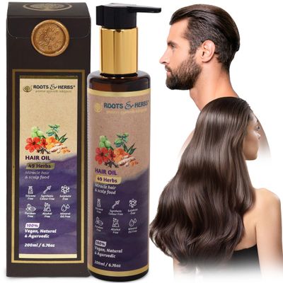 ROOTS AND HERBS Ayurvedic Oil - 49 Herbs with Bhringraj, Hibiscus Flower, Brahmi, Jatamansi, Triphala for Stronger, Straight, Wavy Curly Hair - Hair Food Oil Scalp Serum - 6.76oz