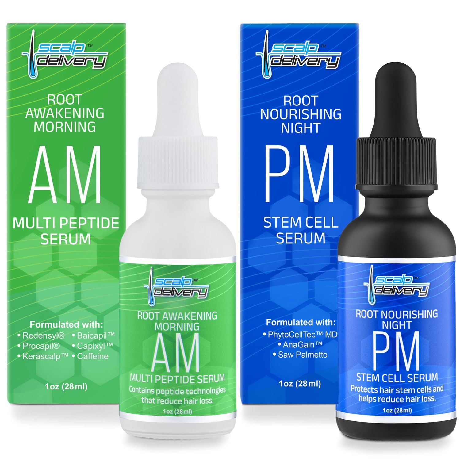 Scalp Delivery Peptide Stem Cell Hair Growth Serum, AM PM Bundle - Formula with Apple Stem Cells for Thicker, Stronger Hair - Stem Cell Scalp Serum for Hair Growth and Nourishment for Men Women