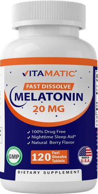 Vitamatic Melatonin 20 mg Tablets -Natural Berry Flavor - 120 Vegetarian Tablets per Bottle - 6 Bottles (Total 720)