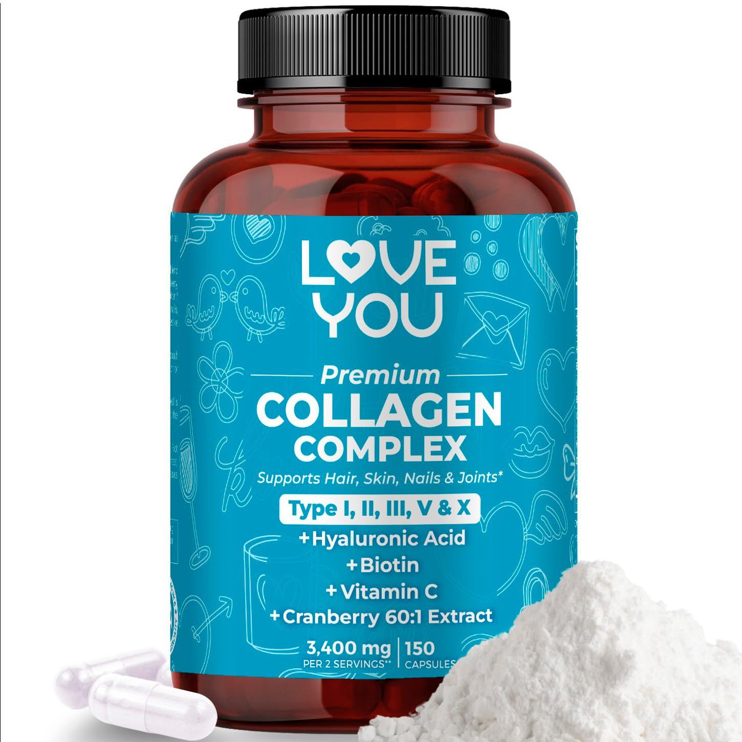 Love You Multi Collagen Complex Capsules - Types I, II, III, V X with Hyaluronic Acid, Biotin, Vitamin C Cranberry Extract - 150 Capsules, USA Made