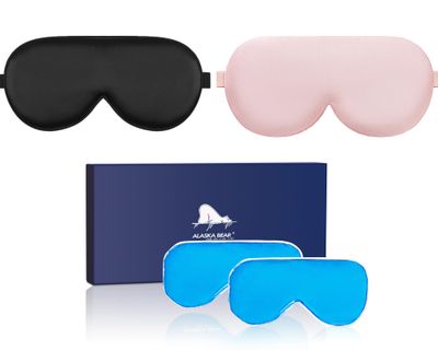 ALASKA BEAR Cooling Gel Eye Mask Weighted Silk Sleep Mask Cotton Eyeshades Cold Hot Compress for Pain Relief, 180g Heavy, 2 Set(Black Pink)