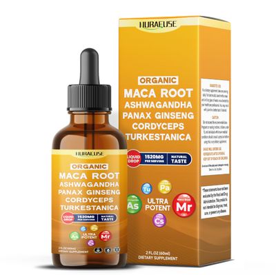 NURAFUSE Organic Maca Root, Ashwagandha, Panax Ginseng, Cordyceps, Turkestanica Liquid Drops - 1520mg per Serving, Ultra Potent, USA Made Lab Tested - 2 FL OZ (60ml)