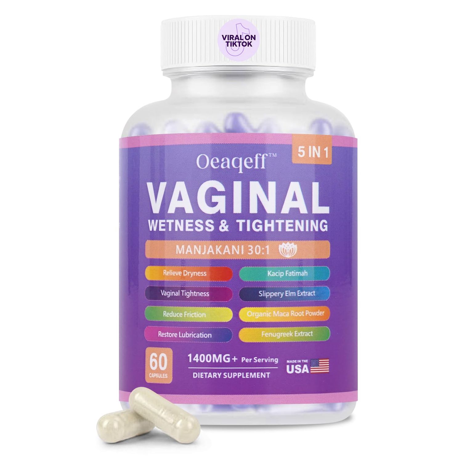SUWENY Vaginal Moisturizer Tightening Capsules - Kacip Fatimah 1,000mg Manjakni 200mg for Female Intimate Health,Slippery Elm for Women - Vegan,60 Capsules (1)