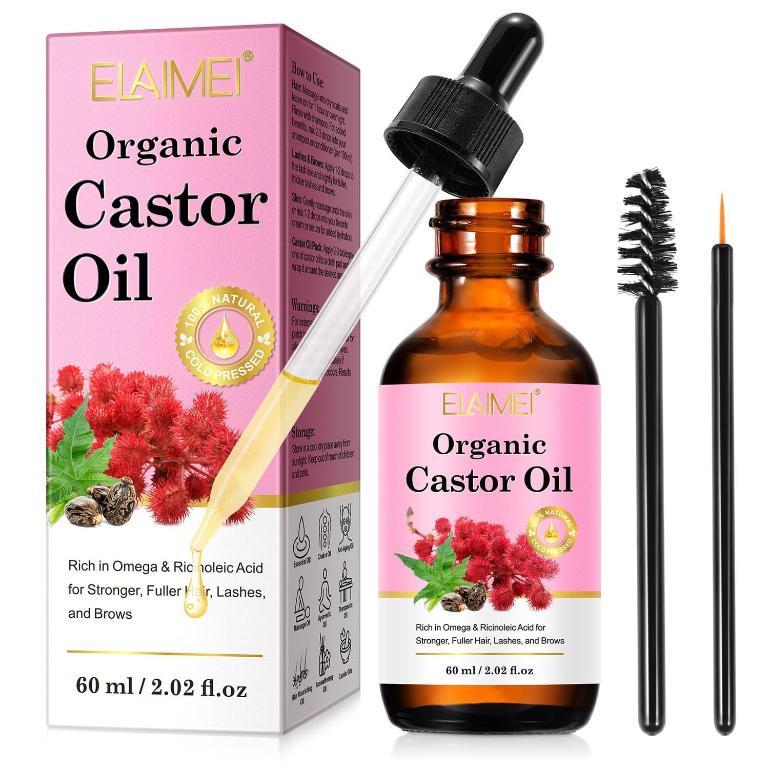Castor Oil Organic Cold Pressed Unrefined Glass Bottle - 100 Pure Castor Oil for Hair, 60ML Castor Oils for Skin, Castor Oils for Stronger,Fuller Hair,Eyelashes and Eyebrows,HexaneCruelty Free