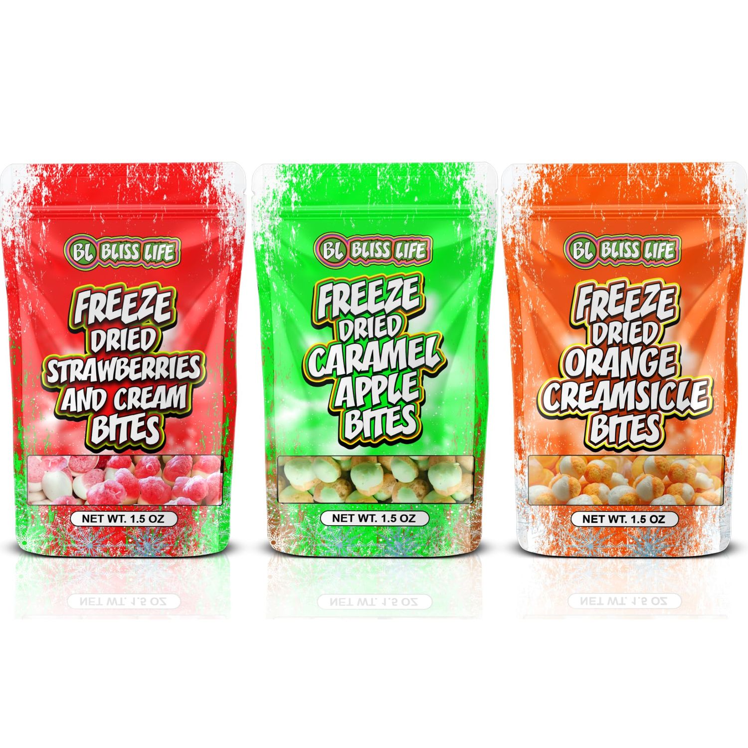 Bliss Life Freeze Dried Candy Variety Pack of 3 - Freeze Dried Strawberry Cream Bites, Freeze Dried Caramel Apple Bites, Freeze Dried Orange Creamsicle - Fruit Candy, Freeze Dry