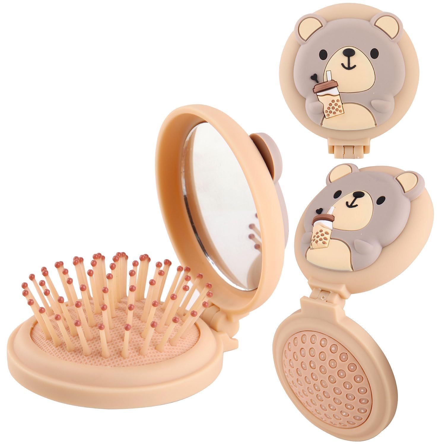 Mini travel hair brush for kids, Round Folding Pocket Mirror small toddler Hair Brush for Boys and Girls,Baby hair detangling brush Massage Hair Brush with Air Cushion for Thick Hair (Beige)