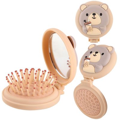 Mini travel hair brush for kids, Round Folding Pocket Mirror small toddler Hair Brush for Boys and Girls,Baby hair detangling brush Massage Hair Brush with Air Cushion for Thick Hair (Beige)