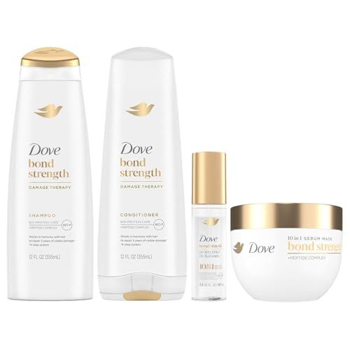 Dove Bond Strength, Damage Therapy System - Shampoo, Conditioner, 10-in-1 Shield Serum Peptide Mask, Hair Repair Treatment, Anti-Frizz (4 Piece Set)