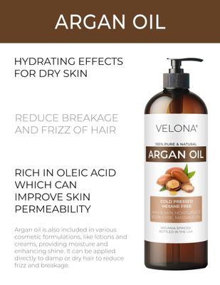 velona Argan Oil - 8 Fl Oz 100 Pure and Natural Morocco Oil Skin, Body and Face Care Nails Protector Unrefined, Cold Pressed Cap Kit