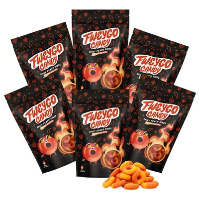 Fweygo Chamoy Candy Peach Rings, 5 Ounce, Pack of 6, Mexican Candy Gummies Covered in Chamoy Seasoning
