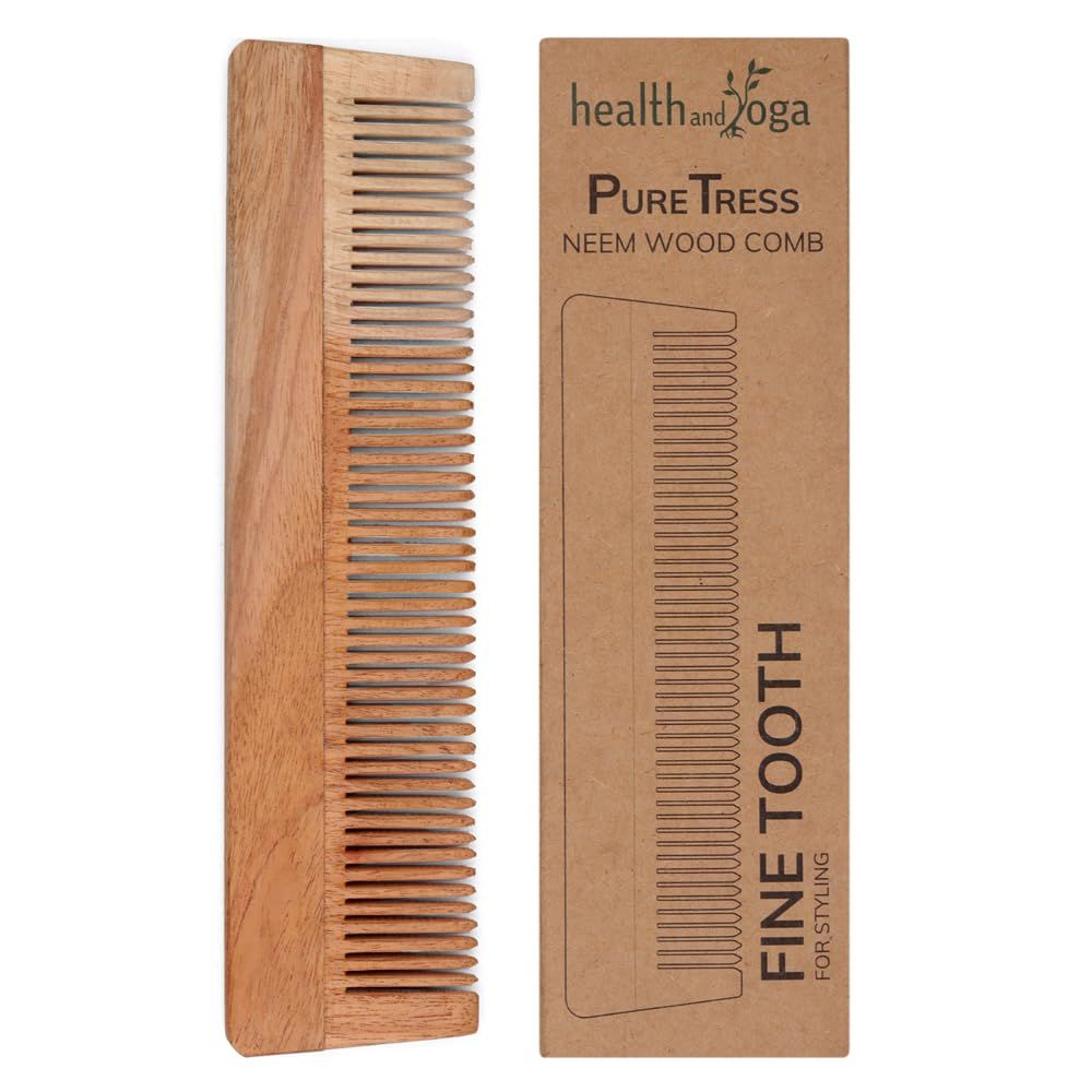 HealthAndYoga PureTress Handcrafted Neem Wood Comb - Non-Static and Eco-Friendly Fine Tooth Comb for Men and Women - Soothing Scalp and Hair Health - 7 Inches