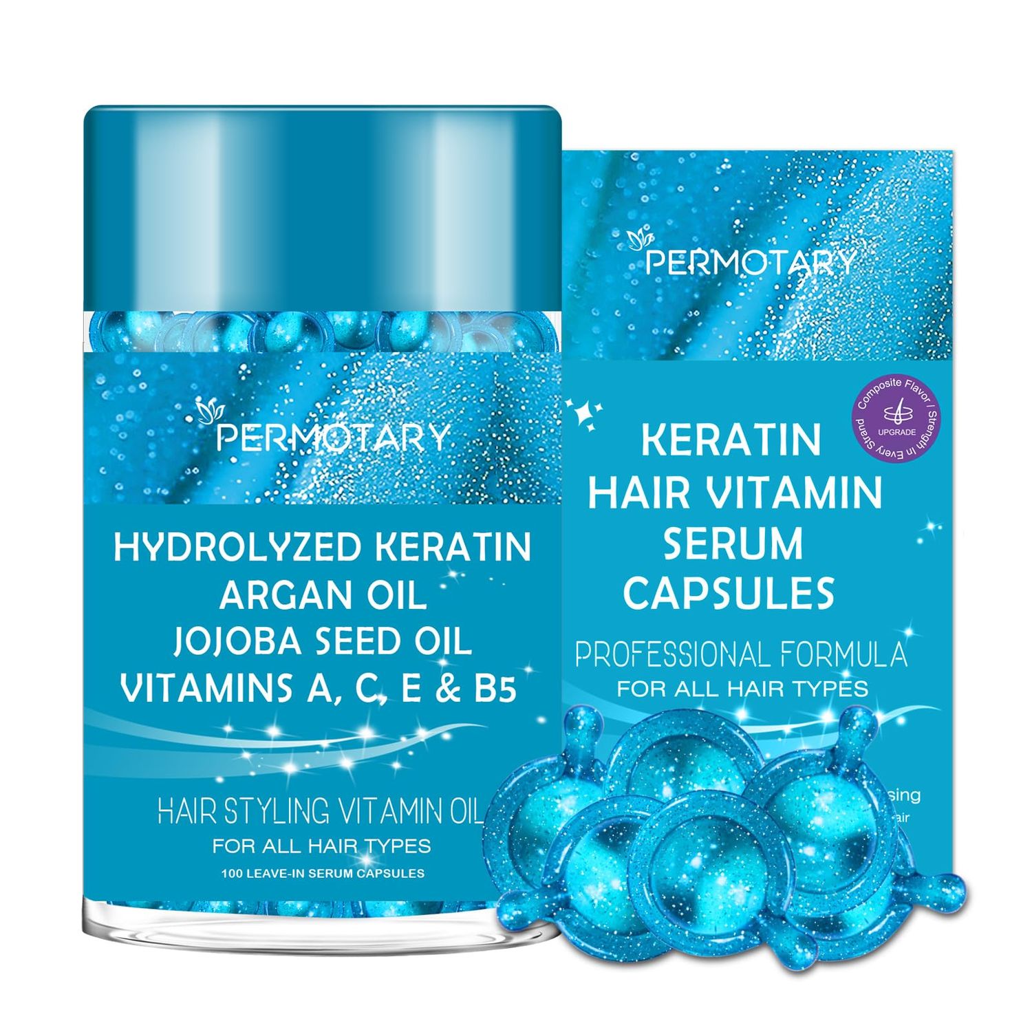 Permotary 100PCS Hair Vitamin Serum Capsule, Hair Styling Serum for Frizzy and Damaged Hair, Blue Hair Treatment Oil Capsules with Moroccan, Macadamia, Avocado Oils, Vitamins A, C, E, B5