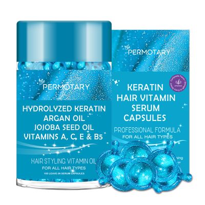 Permotary 100PCS Hair Vitamin Serum Capsule, Hair Styling Serum for Frizzy and Damaged Hair, Blue Hair Treatment Oil Capsules with Moroccan, Macadamia, Avocado Oils, Vitamins A, C, E, B5