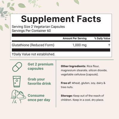 Micro Ingredients Glutathione 1,000mg, 120 Veggie Capsules Extra Strength Reduced Glutathione Active Antioxidant Form Liver Health Immune Support Supplement Non-GMO, Gluten Free, Vegan