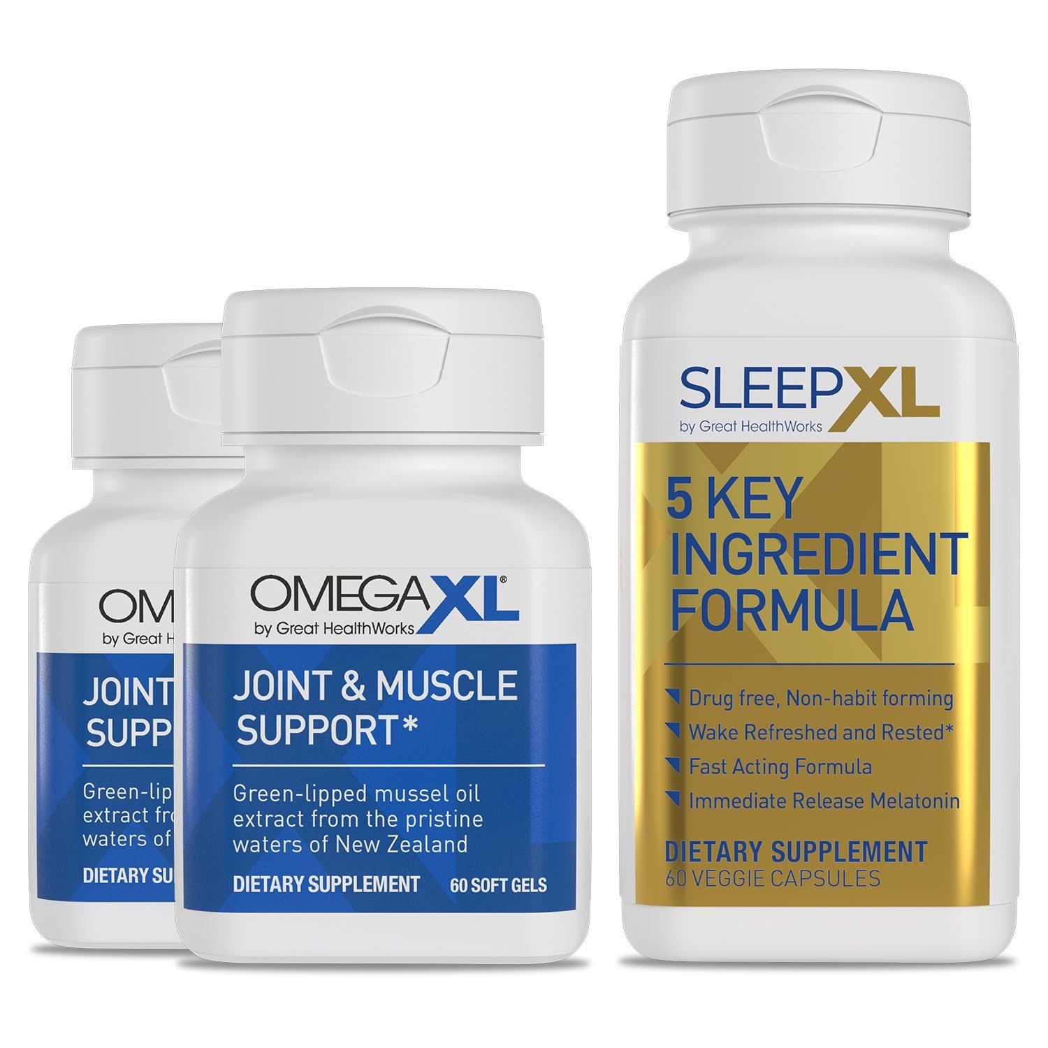 OmegaXL Joint Relief Supplement - Natural Muscle Support, 60 Softgels (2 Pack) SleepXL immediate-Release melatonin, L-Theanine (Calming), Chamomile, Magnesium B6 (60 Vegan Capsules)