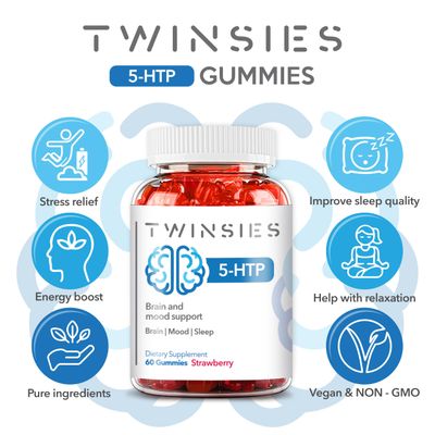 Twinsies 5-HTP Supplement 200mg Calm Gummies for Sleep Mood Brain Health Support - L-Tryptophan 60 Strawberry Flavor Sleep Gummies for Adults - Gluten-Free Non-GMO