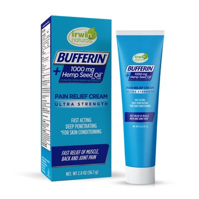 Bufferin Hemp Seed Oil Pain Relief Cream - 2 oz Soothing Blend with Camphor, Menthol, Methyl Salicylate