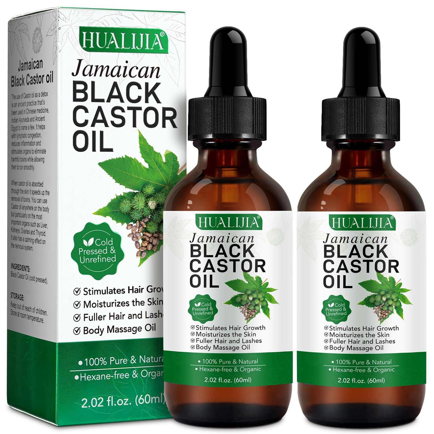 HUALIJIA Castor Oil (2Pack), Jamaican Black Castor Oil Organic Cold Presse Glass Bottle, Castor Oil for Hair and Eyelashes Growth, Skin Moisturizer and Body Massag Oil, Hexane Free, 2.02 Fl Oz