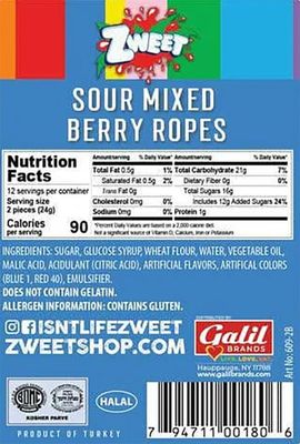 Zweet Sour Berry Ropes Candy Ropes 10 Ounce - Sour Kosher Candy, Halal Candy - Resealable Pack of Sour Licorice Ropes, Red and Blue Candy